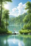 Placeholder: Jesus on his cross in a A peaceful landscape with a calm river or lake reflecting the blue sky and scattered white clouds, surrounded by lush green forest on both sides. The scene is natural, untouched, and serene. Daytime setting with soft, natural lighting and clear weather