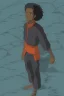 Placeholder: 3D render of a cyberpunk tribal young black man, black hair, ragged shirt, on a orange dune background, digital art