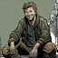 Placeholder: man, ethan hawk, sitting, smiling, comic book, post-apocalypse, grey background, illustration,