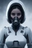 Placeholder: Ana de Armas, identical features, Black intergalactic pilot suit, portrait, bright white eyes, wearing high tech pilot breathing mask, beautiful face, white smoke, dark, rage, sorrow, high definition, ultra 8 k, volumetric lighting, blue fire, fog