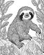 Placeholder: Cartoon outline, Sloth full body, coloring pages, forest backwound no color, highly detailed, black and white, white background, highly detailed