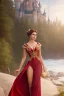 Placeholder: full body shot , beautiful and gorgerous duchess with incredible jewellery in 19th century clothing by Greg Rutkowski and Artgerm and Emile Vernon and Vladimir Volegov, in a red dress, mystical castle background, art illustration, natural beauty, muted colors, pastels, perfect fingers, higly detailed, expressive, high detail, symmetrical, digital painting, symmetrical eyes, dynamic lighting, artstation, cinematic lighting, intricate artwork, emitting diodes, smoke, artillery, sparks, racks, s