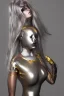 Placeholder: Beautiful perfect perfectly centered photorealistic silver-skinned AbstractTech robot, silver and gold French maid outfit long hair, shiny metallic silver hair, full-body portrait by Reisha Perlmutter, Rudy Nappi, medium shot