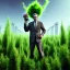 Placeholder: upper body of mad wolf scientist standing by cell towers overgrown with plants, spray paint art, movie poster