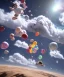 Placeholder: Ultra realistic speed clouds sky scene, wide angle view, child falling down with many Children background, inflatable monsters, circus dress style, feather color, free jumping flying, many trinkets, hair monster, many jelly beans, balls, color smoke, smile, happy, extreme, wind, clouds sea, 20,000 feet altitude, stratosphere, soft color, highly detailed, unreal engine 5, ray tracing, RTX, lumen lighting, ultra detail, volumetric lighting, 3d, finely drawn, high definition.