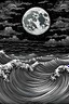 Placeholder: a coloring page, Moonlit Ocean with no shades, texture,black background and white outline for the image and do not put any colour