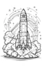 Placeholder: Outline art for coloring page with simple rocket ship blasting off into space, include mood, stars white background, sketch style, only use outline, clean line art, white background, no shadows, clear outline,