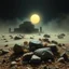 Placeholder: A striking quality close-up photograph captures a wasteland with odd stones, liquids, spooky, creepy, Amano, details of the dust very accentuated, glossy, organic, adorned with minerals and rocks, fog, eerie, Max Ernst style, black sun, fog