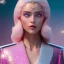 Placeholder: woman glitter pink in a galactic ambiance, smiling and laughting, long white hairs , blue eyes ,the whole body and head, delicate colors in the foreground, full of details, smooth, light effect，vaporwave colorful, smooth, extremely sharp detail, finely tuned detail, ultra high definition, 8 k, unreal engine 5, ultra sharp focus