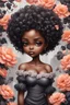 Placeholder: Create an expressive oil painting art image of a curvy black chibi female wearing a grey off the shoulder blouse and she is looking down with Prominent makeup. Highly detailed tightly curly black afro. Background of large peach and grey flowers surrounding her