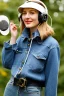 Placeholder: Young woman, no make-up. Old-fashioned things like CD's, microphone integrated to mask! Wool visor to tippet, AKG headphones, golden rings. materials are denim, leather and felt cloth mixed. Fashion 1990's. Venue: Farm Recycled plastic, stuff, nature, Chicken and cockatoo, Natural Light. Possible colors: Cream white, zinc plate, plum/blue camouflage, red ochre, ochre. Thick tights. Thick calves. wide hip