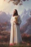 Placeholder: Jesus portrait , detailed hands, at dawn by atey ghailan, golden light , white robe, holding leaves and flowers , angels background, volumetric light, high detail, red leaf tree, mountains in background, perfect