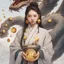 Placeholder: Bitcoin cryptocurrency in the hands of a traditional chinese girl, dragon