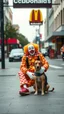 Placeholder: A McDonald’s clown sitting with his dog in the street