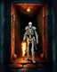 Placeholder: A frightening castle dungeon hallway with a skeleton warrior in rusty chainmail holding a burning torch painterly rpg art