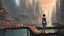 Placeholder: woman in a silver catsuit looking at a view of buildings made of reused dirty rusty metal next to a futuristic canal junction, cyberpunk, many painted colours, flying boats, balconies, bridges, people, shopping, eating, walking, fifth element, ghost in the shell, altered carbon, Ian McQue a masterpiece, 8k resolution, dark fantasy concept art, by Greg Rutkowski, dynamic lighting, hyperdetailed, intricately detailed, Splash screen art, trending on Artstation, deep color, Unreal Engine, volumetric