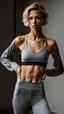 Placeholder: photography of a beautiful anorexic woman, grey satin sports bra, sports illustrated, blond short wavy bob haircut, pronounced sternum, grey running leggins