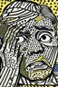 Placeholder: tribal man in grief with hands on face crazy shapes pencil draw style of roy lichtenstein