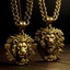 Placeholder: A pair of gold chains, one with a lion pendant and the other with a porcupine pendant, hang from a wooden cross, symbolizing the struggle and sacrifice of the antiworld gangsters.