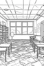 Placeholder: Outline art, class room interior design, no shading, no lines, cartoon style, --ar 9:11