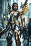 Placeholder: Close up gorgeous photography soft blur, HD realistic,super modeling girl as beautiful Angel straddle wings Wonder Woman ultra advanced warframe with the whole and full armor with ultra high resolution and details,walk in street city bussy.style: digital photography