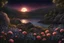 Placeholder: Night, rocks, mountains, flowers, realistic painting, 8K