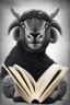 Placeholder: one black sheep reads a book, white sheep herd sleep