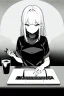 Placeholder: thin hacker girl use a laptop on a table sitting in a cafe, line arts, greyscale