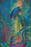Placeholder: an extremely realistic highly-detailed image of a Xenomorph alien in the style of H R Giger meeting a native human shaman in the jungle, red sunset, dark blue to green colours, metallic, thick jungle in the background, plants, leaves, tiny mushrooms on the ground, mud, long-distance shot