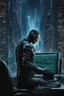 Placeholder: cyberpunk programmer black_Cat-human hybrid_Typing_on_computer_background binary codes, surrounded_by_mindent_3D_binary matrix codes and neutron mesh_etheral, Paranoid_sci-fi_in background_a_tall_cyberpunk_city, the cat hacker watchings monitor, Hyperrealistic texture, high detail, Sinister, cold dynamic lighting, dark-neon colors, Ultra_HD_intense_focus