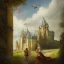 Placeholder: Epic Castle into sky, with flowers of fyre. Huge clouds and birds. Shy girl going out of the main gate. Detailed painting, sharp color, medieval, intricate detail, far sceen, realistic colors, medieval concept art. spring.