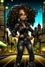 Placeholder: Create a digital airbrush cartoon of an African American female wearing a black jean outfit with timberland boots. Prominent make up with hazel eyes. She is wearing large diamond hoop earrings. Extremely highly detailed very long curly hair that shines. Background of a night club.