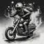 Placeholder: A Black & White Illustration of A Deep Sea Diver in diving gear Riding a 1970's Chopper Motorcycle