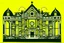 Placeholder: A pale greenish yellow flashing palace with defensive shields painted by Roy Lichtenstein