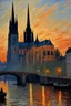 Placeholder: a painting of the Rouen Cathedreal at sunset by artist "Claude Monet"