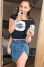 Placeholder: curvy preteen in denim mini skirt and crop top mirror selfie