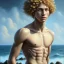 Placeholder: intricate, sharp focus, highly detailed, digital painting, Paul Lewin and Kehinde Wiley, full body image of a beautiful 12 year old boy with long, blonde curly hair and light blue eyes, smiling, shirtless, in front of an distant beach