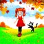 Placeholder: create a wide autumn-themed painting of a red-haired girl with pigtails, freckles and big blue eyes, in a terracotta dress, black stockings and red boat shoes, standing among falling leaves in a golden field, blowing clear balloon-bubbles, a gray and white cat jumping playfully beside her, cloudy sky, vivid autumn colors --ar 16:9 --v 7