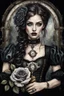 Placeholder: hyper photorealistic watercolor art style of a steampunk gothic style young woman with pale skin, big dark eyes, tiny nose, tiny mouth and messy dark hair , deep, dark colors, holding a black rose. She is gothic dressed, her expression is melancholic, surreal with mysterious elements. smooth blending, extremely detailed, realistic textures, cinematic, dramatic lighting