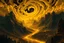 Placeholder: "An awe-inspiring portrayal of breathtaking landscapes from a fantastical world, rendered in vivid detail using a striking black and yellow color palette. The scene is filled with otherworldly elements, where towering mountains, vast plains, and mysterious forests are bathed in golden hues, contrasted against deep shadows of black. The sky above is a swirling mix of luminous yellow clouds and dark, star-studded expanses, creating a dramatic and surreal atmosphere. Rivers of molten gold wind thro