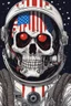 Placeholder: A close up of a skeleton face looking shocked, in an astronaut helmet and suit floating in space. inside the hollow eyes are red shining lights, scary. On his suit is an American flag and in his one hand is a small wavering American flag, on it is written "boned in the USA". From the back of his suit is blowing out blue, white and red smoke. Realistic, 8k, highly detailed, funny