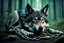 Placeholder: sad wolf with a chain around its neck laying down, photorealistic, dark fantasy, forest