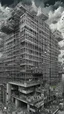 Placeholder: Synthography Art in Bocsh painting style generated Of a high rise building with visual details of mechanical and electrical components and chips and components textures with gray clouds storm in the background. Filled with people’s and balconies