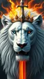 Placeholder: The face of a powerful white lion with one blue eye and one red eye and a crown of fire on the head in the middle of the image with a blazing sun and sword behind her head.