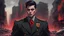 Placeholder: Step into the world of a young human army general, with a portrait that captures every detail of their uniform, from the perfectly pressed suit to the polished buttons. The background is a landscape of devastated city with red and black street corridorsa. But beware, for there is a demonic allure to this general, a hint of darkness lurking beneath the surface. Colors: black and red. Add scrolling binary code, hinting at the technological advancements of the military. Add robots.