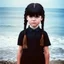 Placeholder: wednesday addams as a child, braids, frange, ,by the sea, worn polaroid, 1970s, liminal, angry