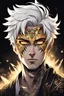 Placeholder: Anime Style drawing, 35 year old Adult Male, Short Messy White Hair, Glowing golden eyes, Black tribal tattoo covers half his face