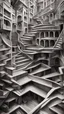 Placeholder: a mind-bending scene inspired by the works of M.C. Escher. Create an environment where staircases defy logic and perspectives shift, challenging the viewer's perception and creating an optical illusion