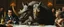 Placeholder: portrait painted by Rembrandt, stupid looking furry dragon rhino at banquet
