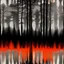 Placeholder: Glitch in the Matrix silhouette of tall dark trees, black, gray colors, surreal, foggy, mesh, lacy pattern, red-gray-orange background, painted, melting, dreamlike scene, blurred with wet ink, masterpiece